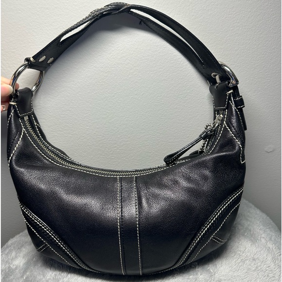 Vintage Authentic Coach Leather Hobo Mini Black with White Stitch - Picture 3 of 9